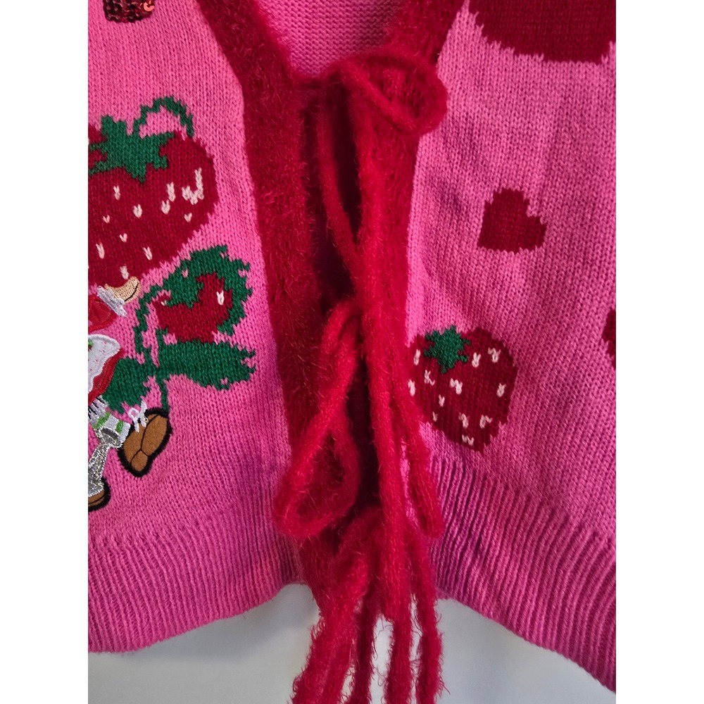 NWOT Strawberry Shortcake Pink Knit Sweater Vest Embroidered Heart Sequin Med - Picture 6 of 14
